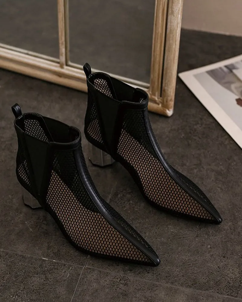 Pointed Hollow Mesh Thick Heels Boots