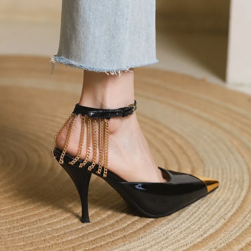 Pointed Toe Mule Genuine Leather Chains Sandals Crystal