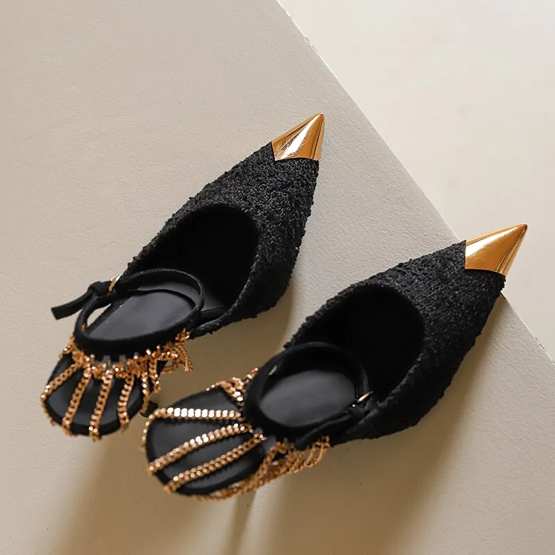 Pointed Toe Mule Genuine Leather Chains Sandals Crystal