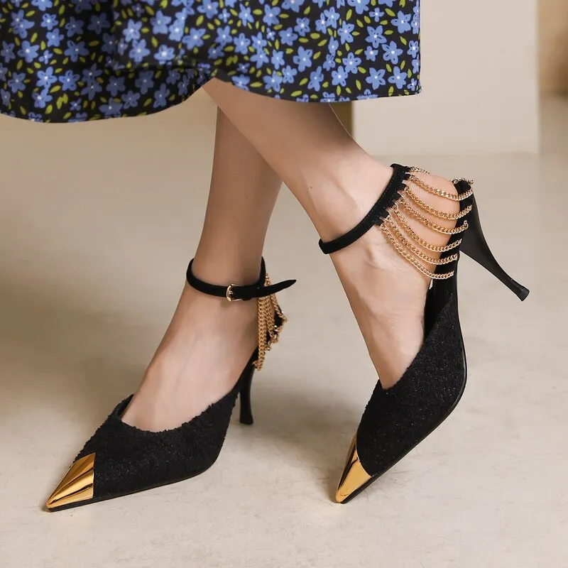 Pointed Toe Mule Genuine Leather Chains Sandals Crystal