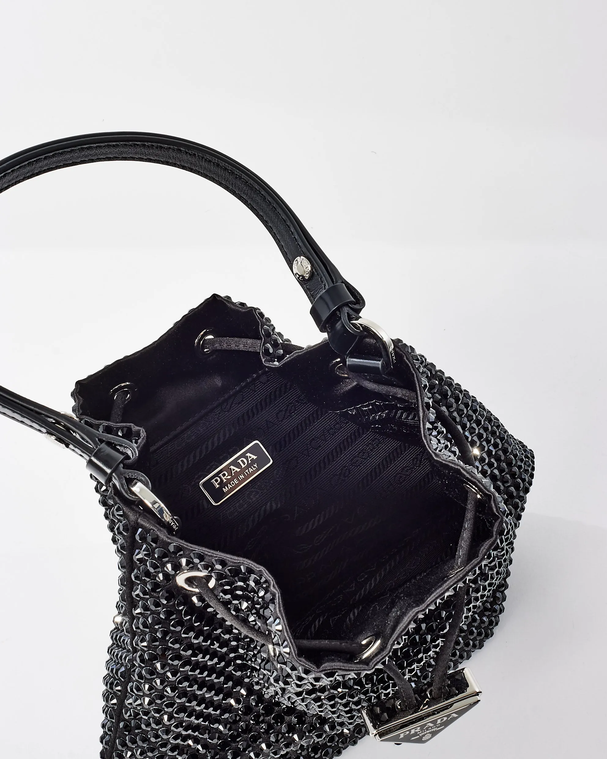 Prada Satin Black Crystal Mini Bucket Bag