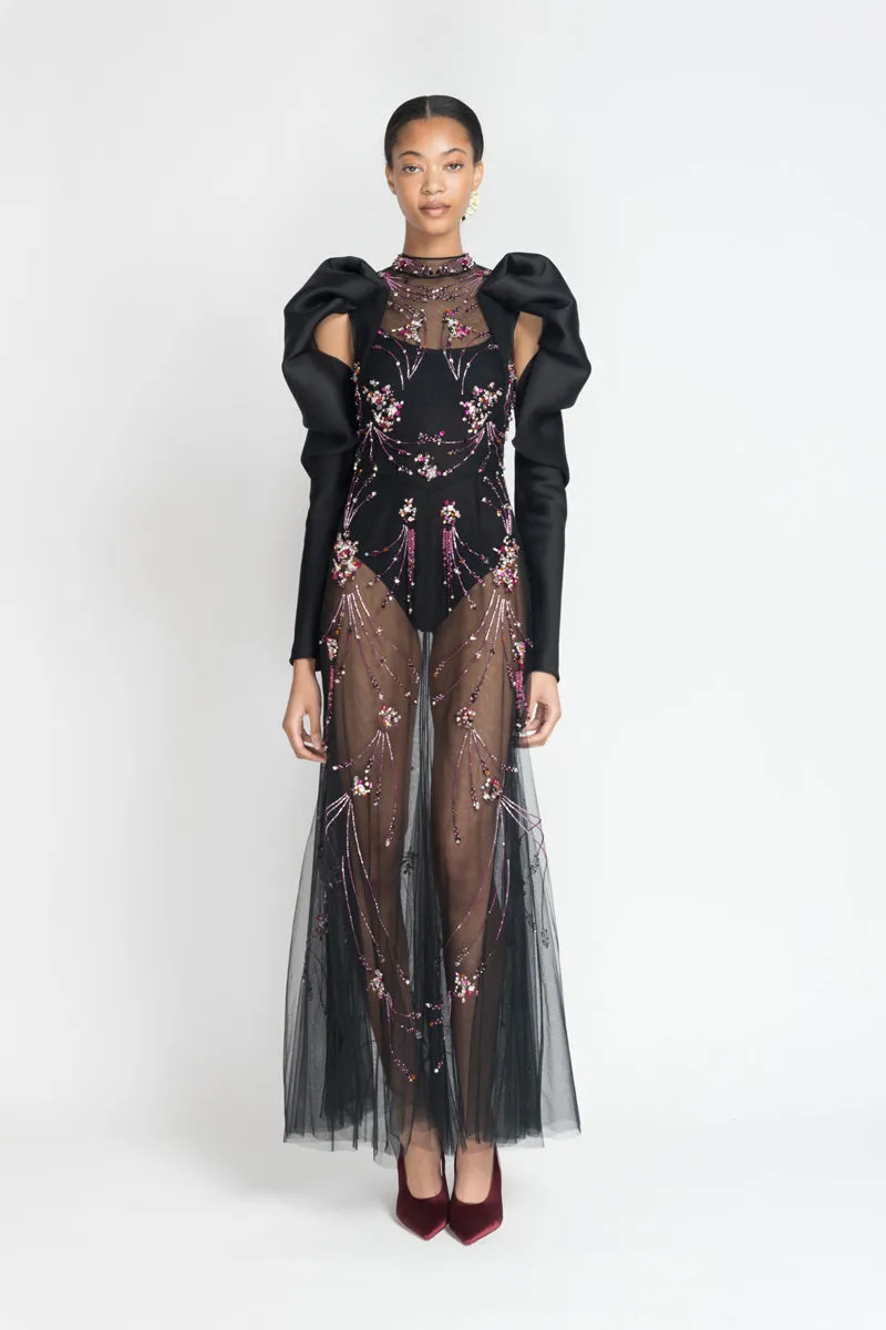 Preciosa Crystal Jhoti Embroidery Cocktail Tulle Dress with Gazar Draped Sleeves