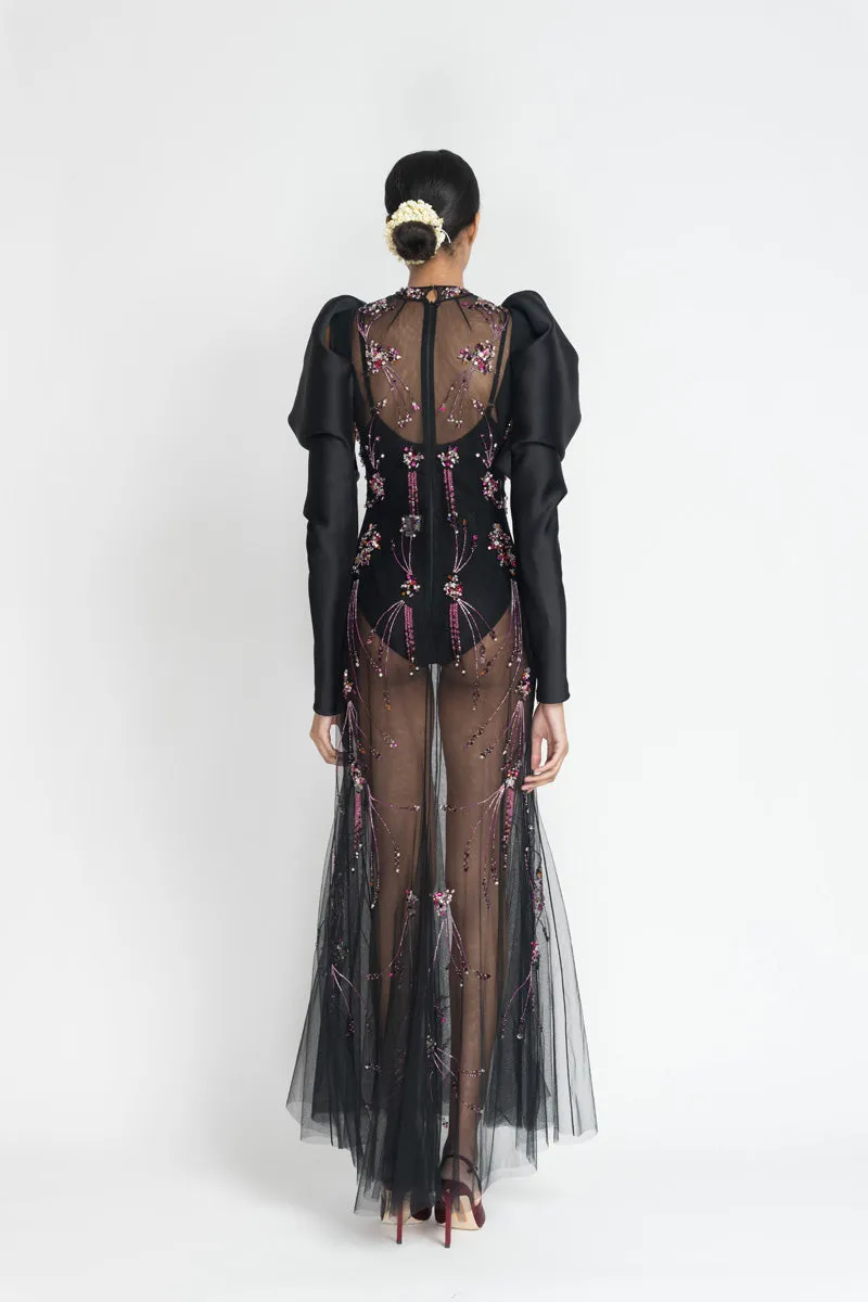 Preciosa Crystal Jhoti Embroidery Cocktail Tulle Dress with Gazar Draped Sleeves