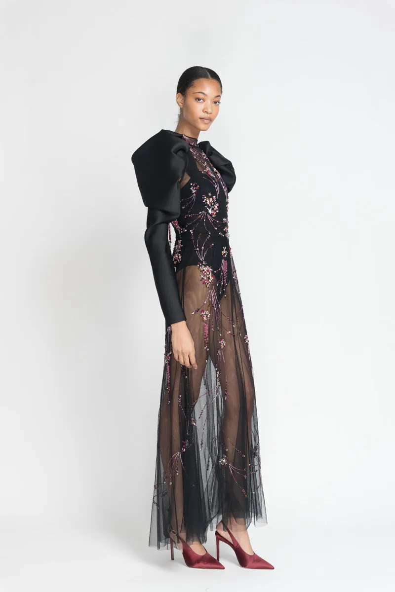 Preciosa Crystal Jhoti Embroidery Cocktail Tulle Dress with Gazar Draped Sleeves