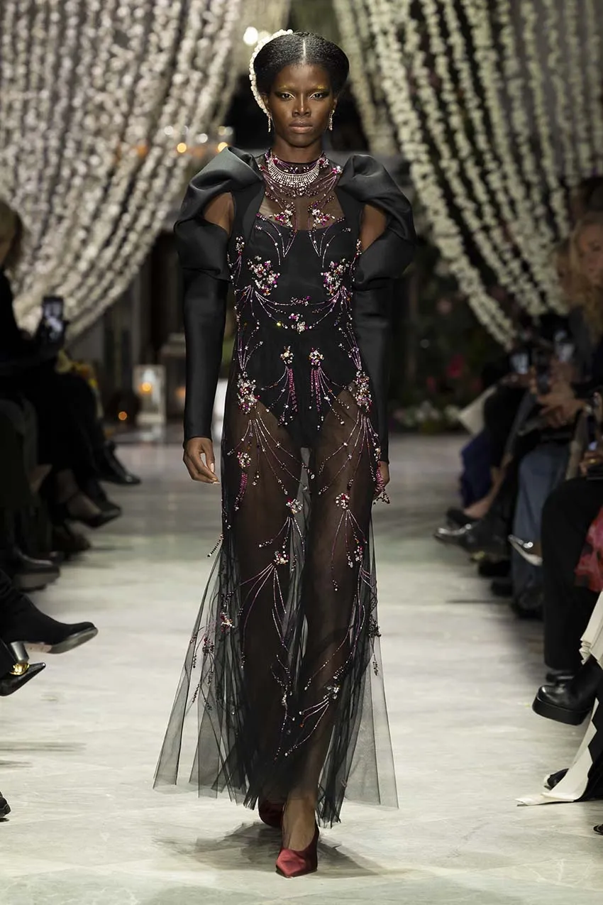 Preciosa Crystal Jhoti Embroidery Cocktail Tulle Dress with Gazar Draped Sleeves