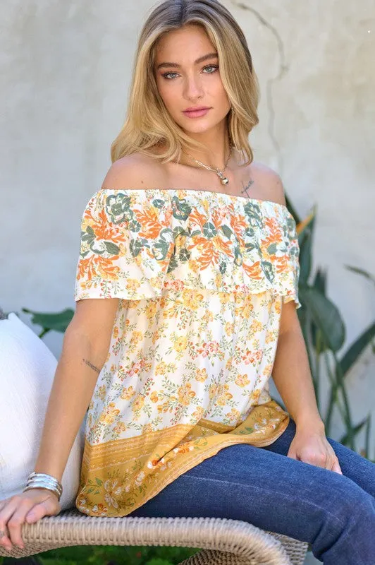 PRINTED OFF SHOULDER SMOCKED TOP