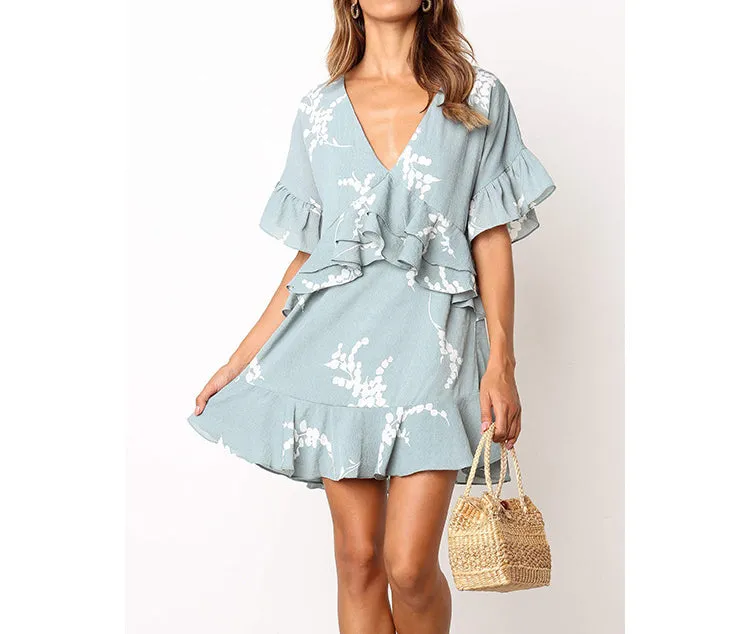Printed V-neck Ruffled Loose Sweet Dress