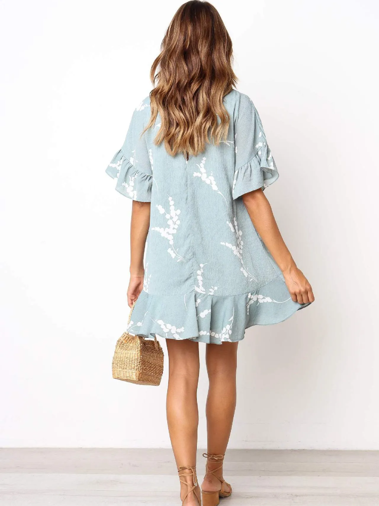 Printed V-neck Ruffled Loose Sweet Dress