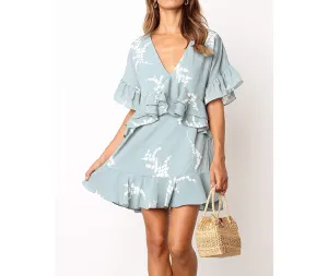 Printed V-neck Ruffled Loose Sweet Dress