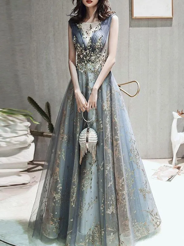 Prom Dress A Line Sleeveless Floor Length Jewel Neck Lace Appliqued Formal Occasion Dresses