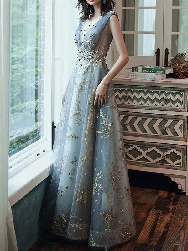 Prom Dress A Line Sleeveless Floor Length Jewel Neck Lace Appliqued Formal Occasion Dresses