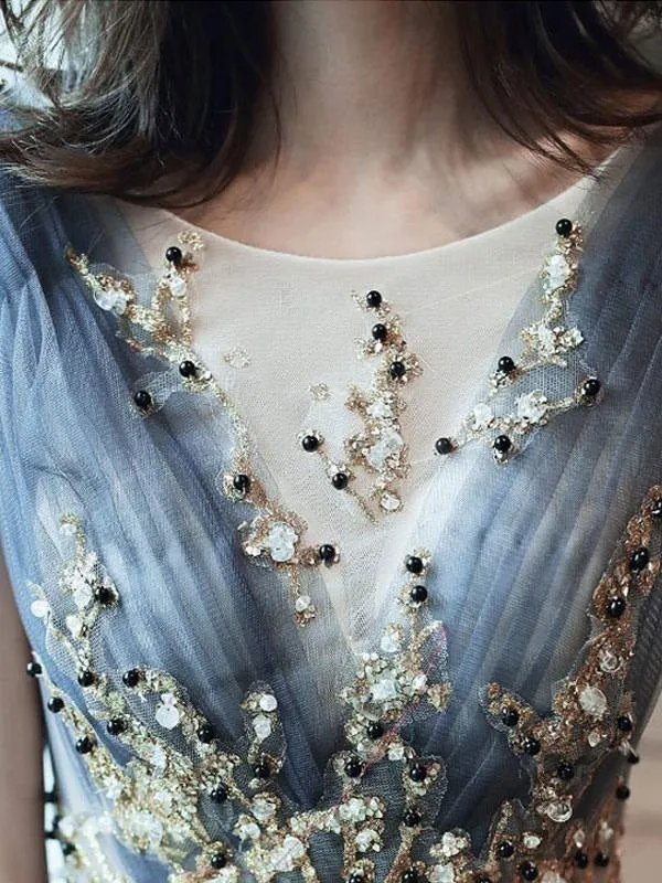 Prom Dress A Line Sleeveless Floor Length Jewel Neck Lace Appliqued Formal Occasion Dresses