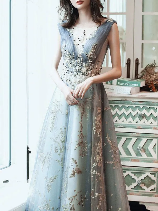 Prom Dress A Line Sleeveless Floor Length Jewel Neck Lace Appliqued Formal Occasion Dresses