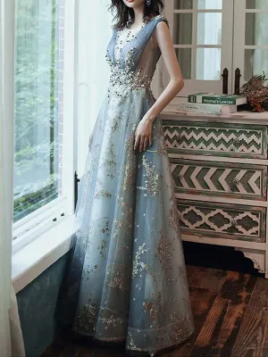Prom Dress A Line Sleeveless Floor Length Jewel Neck Lace Appliqued Formal Occasion Dresses