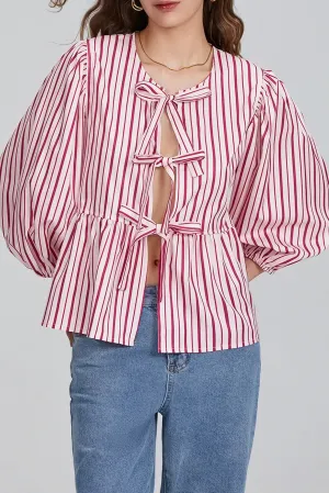 Puff Sleeve Peplum Bow Ties Blouse Top