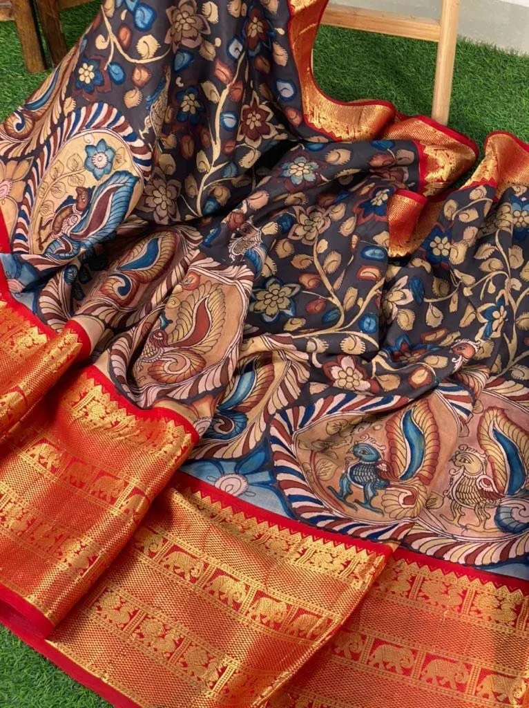 Pure kanchi pen kalamkari Saree in kanchi border | kanchi saree | Authentic pattu Saree | Handloom Saree | pattu saree