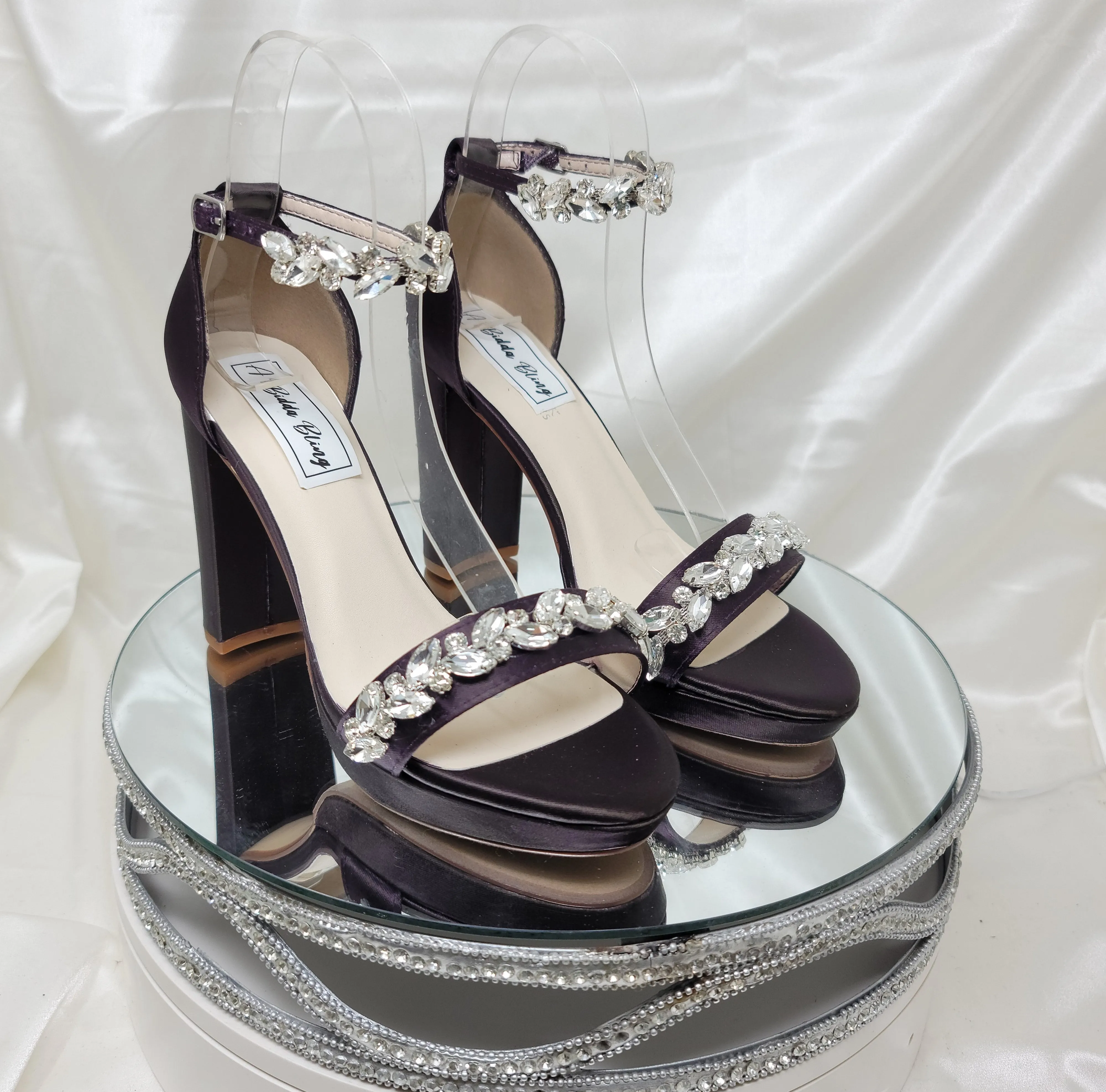 Purple Wedding Shoes Platform Shoes with Chunky Heel Crystal Trim Design