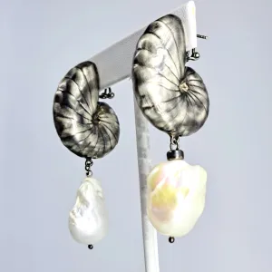 "Nauti-Baroque Black" 3" Earrings - Baroque Pearl, Black Sterling