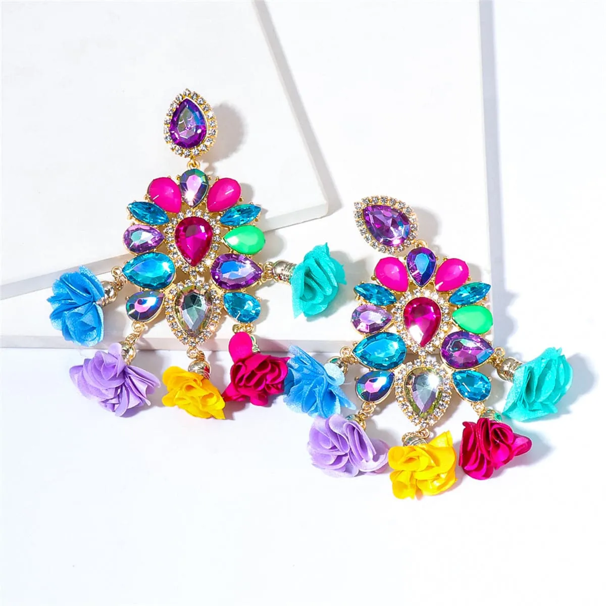 Rainbow Crystal & Cubic Zirconia 18K Gold-Plated Floral Tassel Drop Earrings