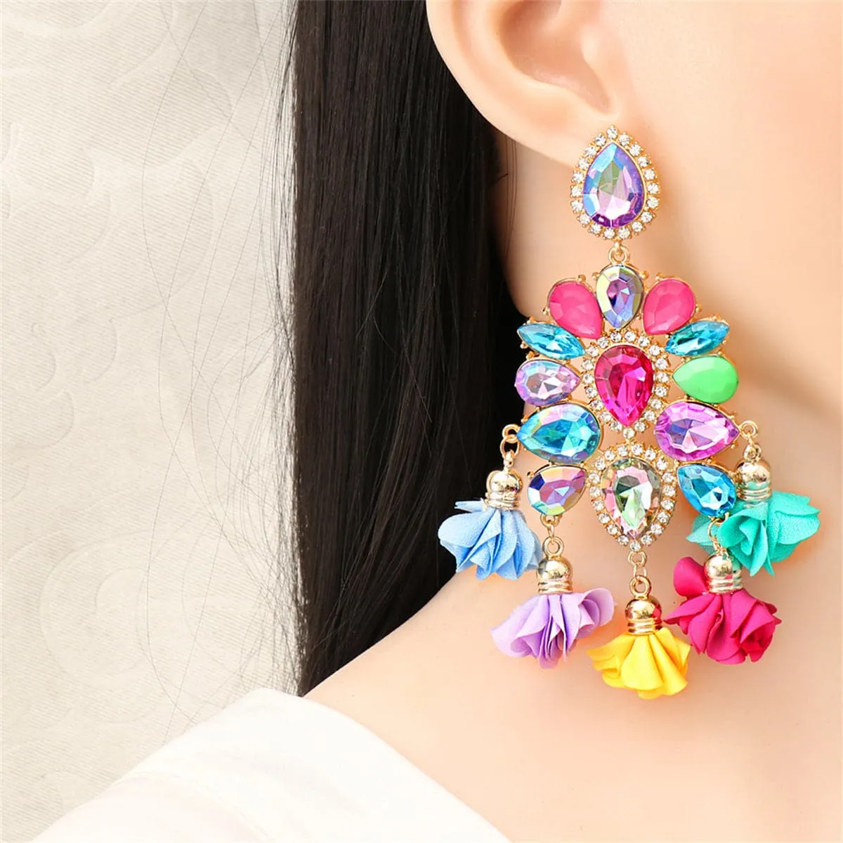 Rainbow Crystal & Cubic Zirconia 18K Gold-Plated Floral Tassel Drop Earrings