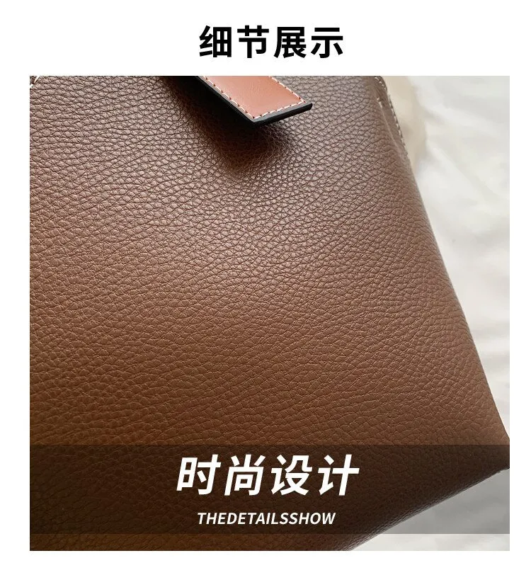Realaiot Contrast color Tote Bucket bag Fashion New High-quality PU Leather Women's Designer Handbag Travel Shoulder Messenger Bag