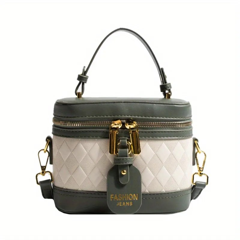 realaiot  Mini Argyle Embossed Bucket Bag, Color Contrast Handbags, Fashion Double Zipper Purse For Coin Lipstick Key (18.01*14.0*8.99cm)