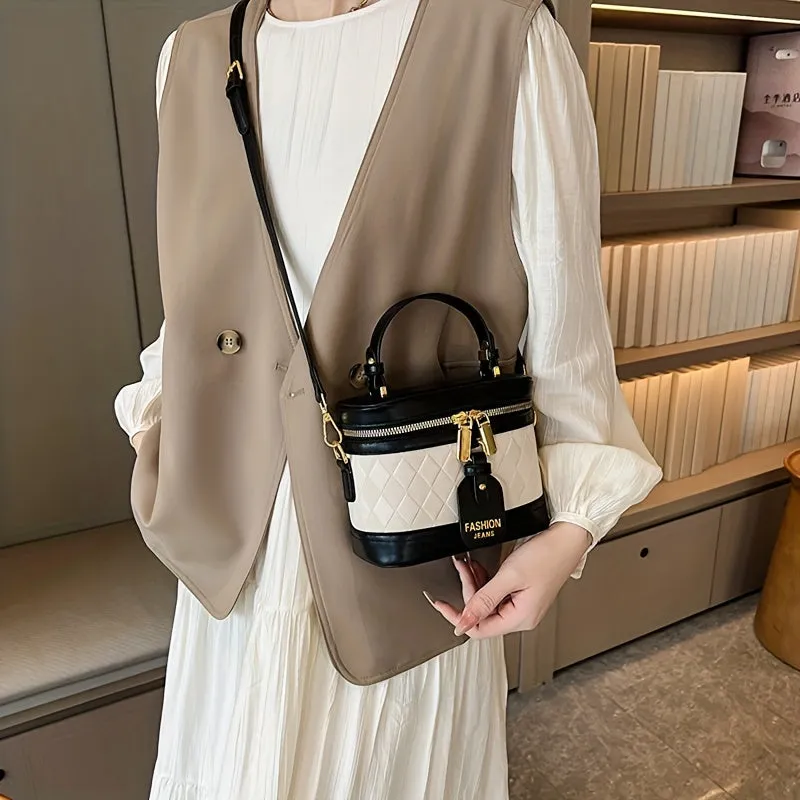 realaiot  Mini Argyle Embossed Bucket Bag, Color Contrast Handbags, Fashion Double Zipper Purse For Coin Lipstick Key (18.01*14.0*8.99cm)