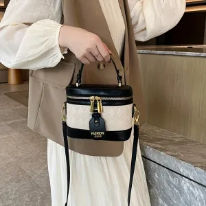 realaiot  Mini Argyle Embossed Bucket Bag, Color Contrast Handbags, Fashion Double Zipper Purse For Coin Lipstick Key (18.01*14.0*8.99cm)