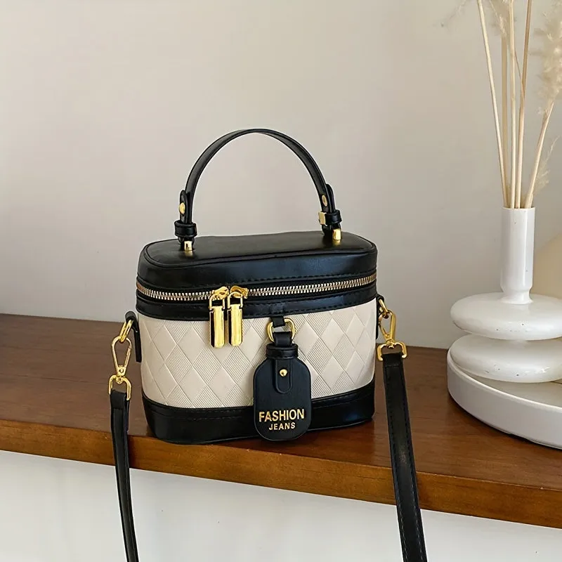 realaiot  Mini Argyle Embossed Bucket Bag, Color Contrast Handbags, Fashion Double Zipper Purse For Coin Lipstick Key (18.01*14.0*8.99cm)