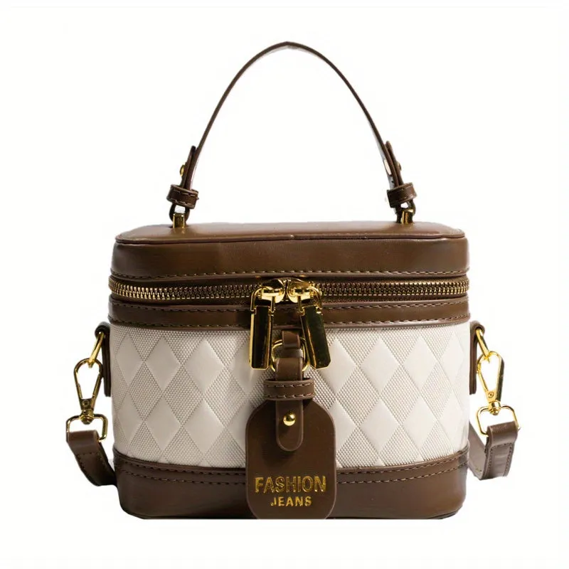 realaiot  Mini Argyle Embossed Bucket Bag, Color Contrast Handbags, Fashion Double Zipper Purse For Coin Lipstick Key (18.01*14.0*8.99cm)