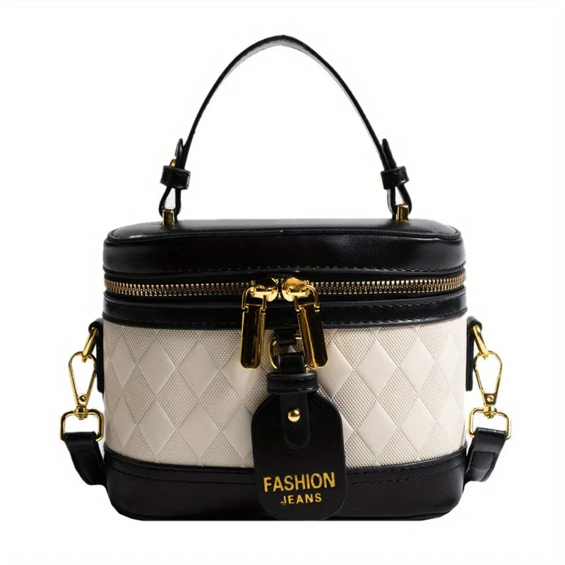 realaiot  Mini Argyle Embossed Bucket Bag, Color Contrast Handbags, Fashion Double Zipper Purse For Coin Lipstick Key (18.01*14.0*8.99cm)