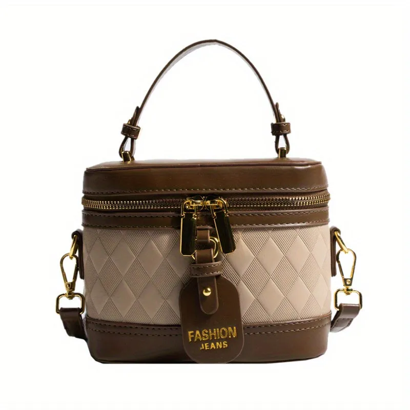 realaiot  Mini Argyle Embossed Bucket Bag, Color Contrast Handbags, Fashion Double Zipper Purse For Coin Lipstick Key (18.01*14.0*8.99cm)