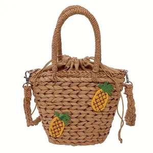 realaiot  Straw Woven Bucket Bag, Pineapple Decor Crossbody Bag, Mini Bohemian Handbags For Holiday Beach
