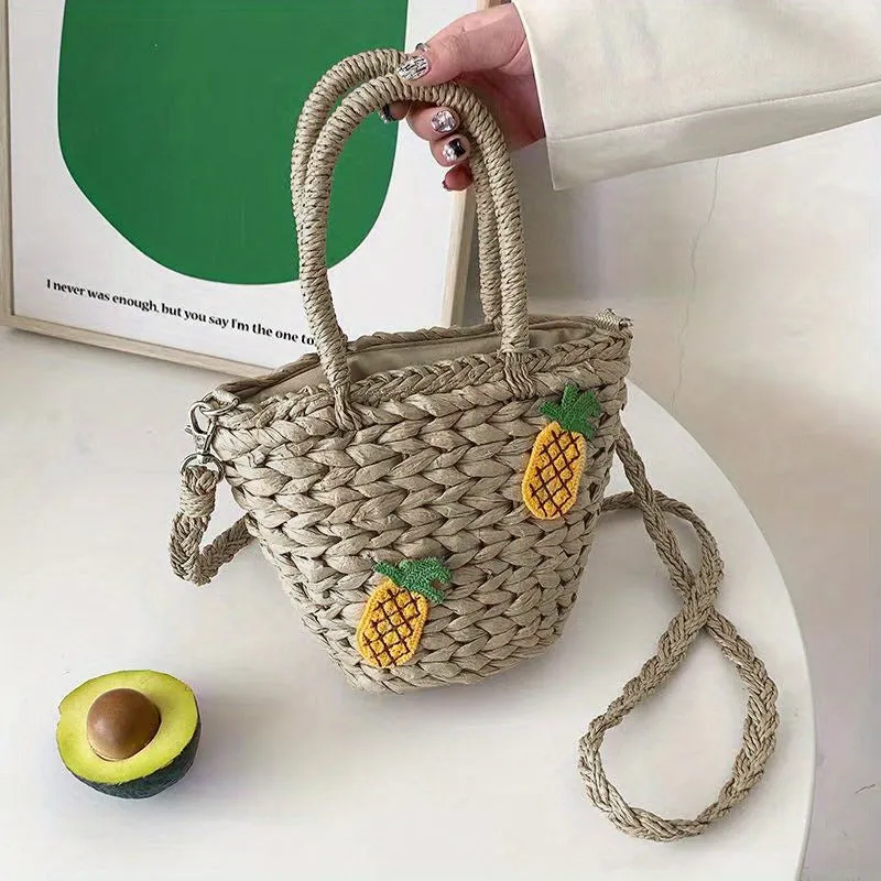 realaiot  Straw Woven Bucket Bag, Pineapple Decor Crossbody Bag, Mini Bohemian Handbags For Holiday Beach