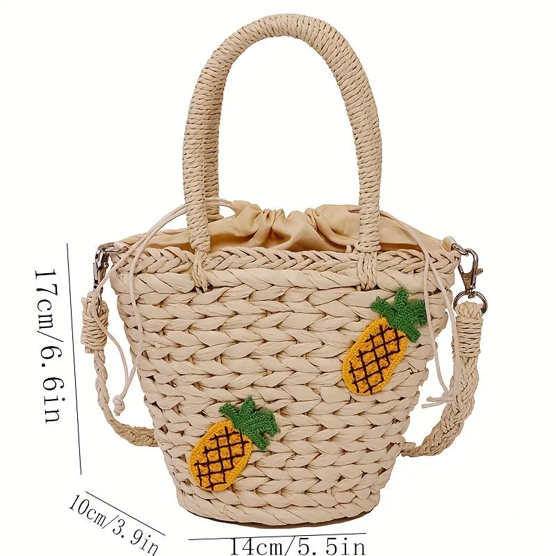 realaiot  Straw Woven Bucket Bag, Pineapple Decor Crossbody Bag, Mini Bohemian Handbags For Holiday Beach