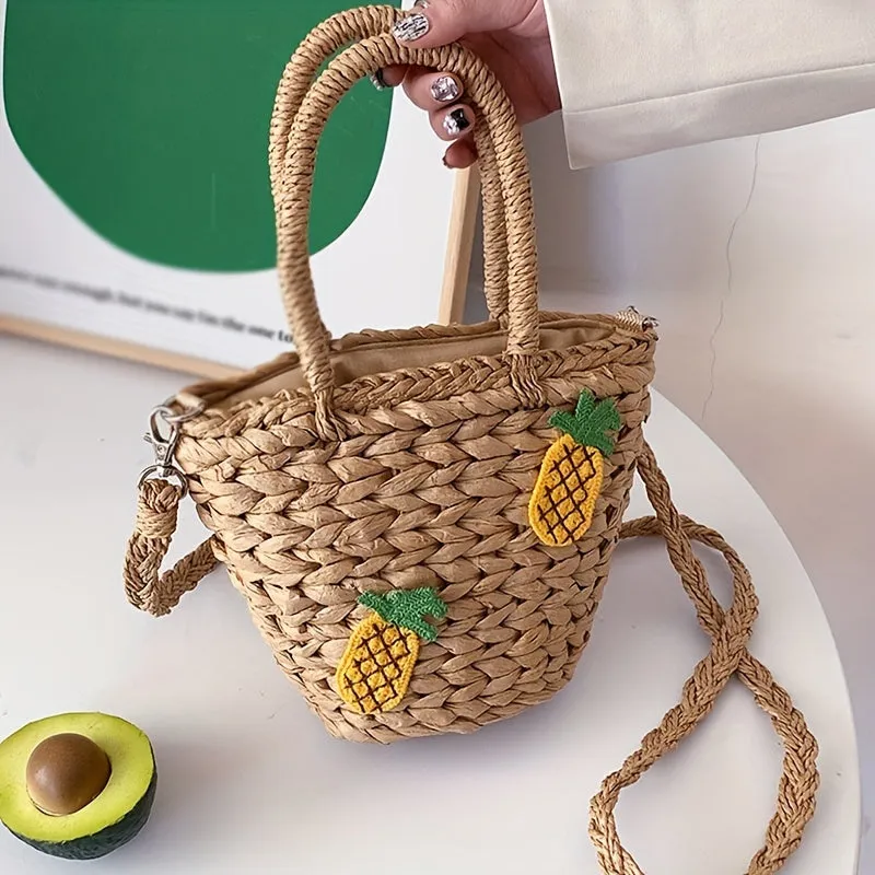 realaiot  Straw Woven Bucket Bag, Pineapple Decor Crossbody Bag, Mini Bohemian Handbags For Holiday Beach