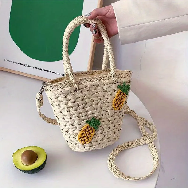 realaiot  Straw Woven Bucket Bag, Pineapple Decor Crossbody Bag, Mini Bohemian Handbags For Holiday Beach