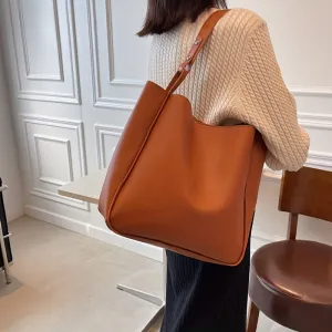 realaiot  Vintage Bucket Shoulder Bag, Large Capacity Tote Bag, Trendy Solid Color Handbags For Work School Work