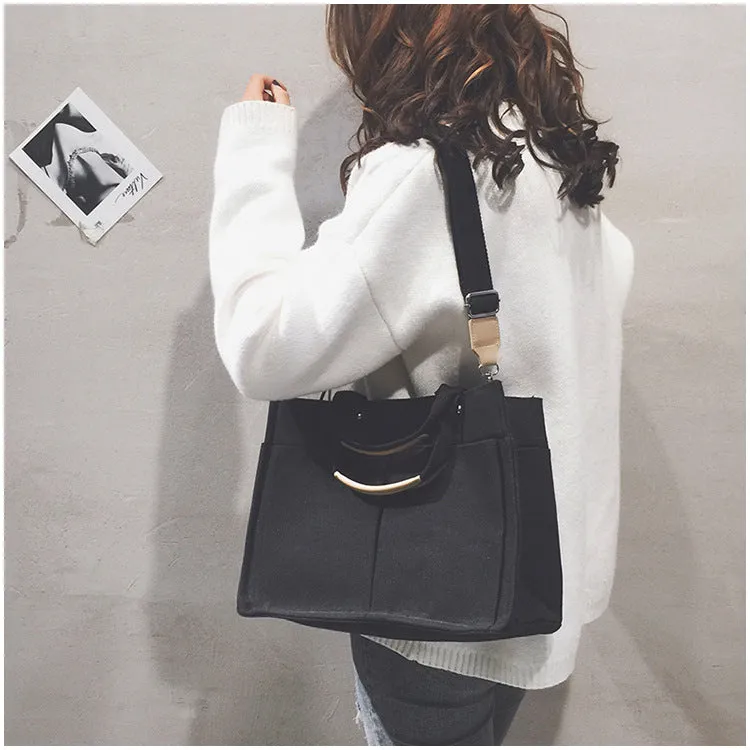 Realaiot Women Handbag Korean School Simple Solid Color Casual Canvas Messenger Shoulder Bag Hot Sale Student Large Capacity Pocket Bags