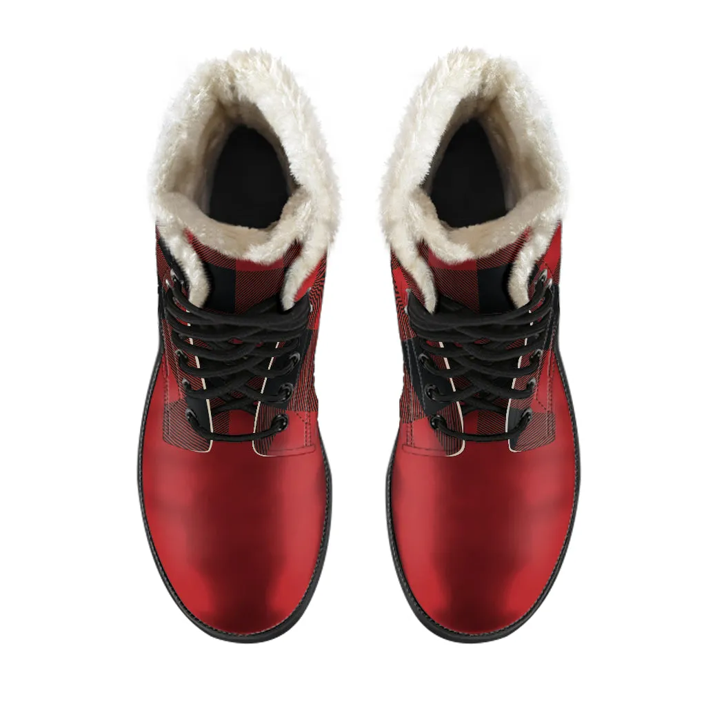 Red and Black Buffalo Plaid Color Block Fur Lined Vegan Leather Boots With Red Toe