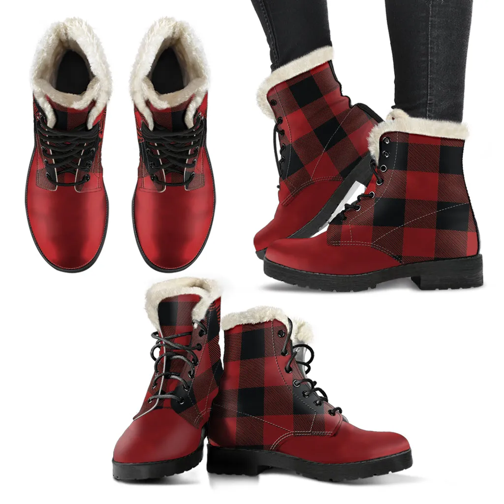 Red and Black Buffalo Plaid Color Block Fur Lined Vegan Leather Boots With Red Toe