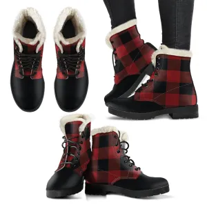 Red and Black Buffalo Plaid Faux Fur Lined Vegan Leather Boots With Black Toe