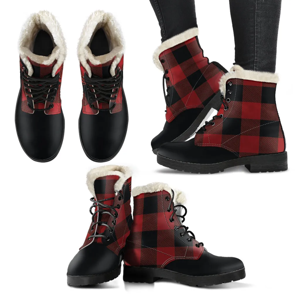 Red and Black Buffalo Plaid Faux Fur Lined Vegan Leather Boots With Black Toe