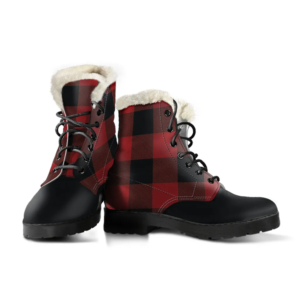 Red and Black Buffalo Plaid Faux Fur Lined Vegan Leather Boots With Black Toe