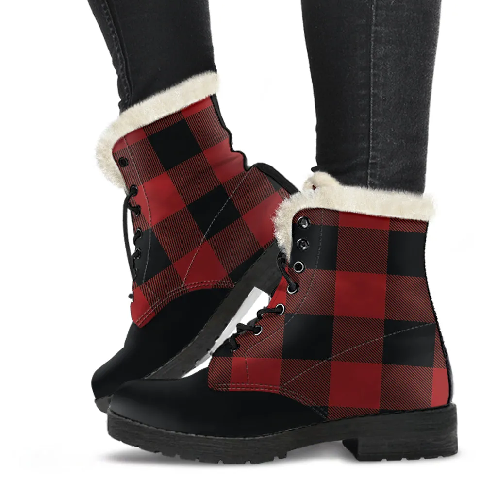 Red and Black Buffalo Plaid Faux Fur Lined Vegan Leather Boots With Black Toe