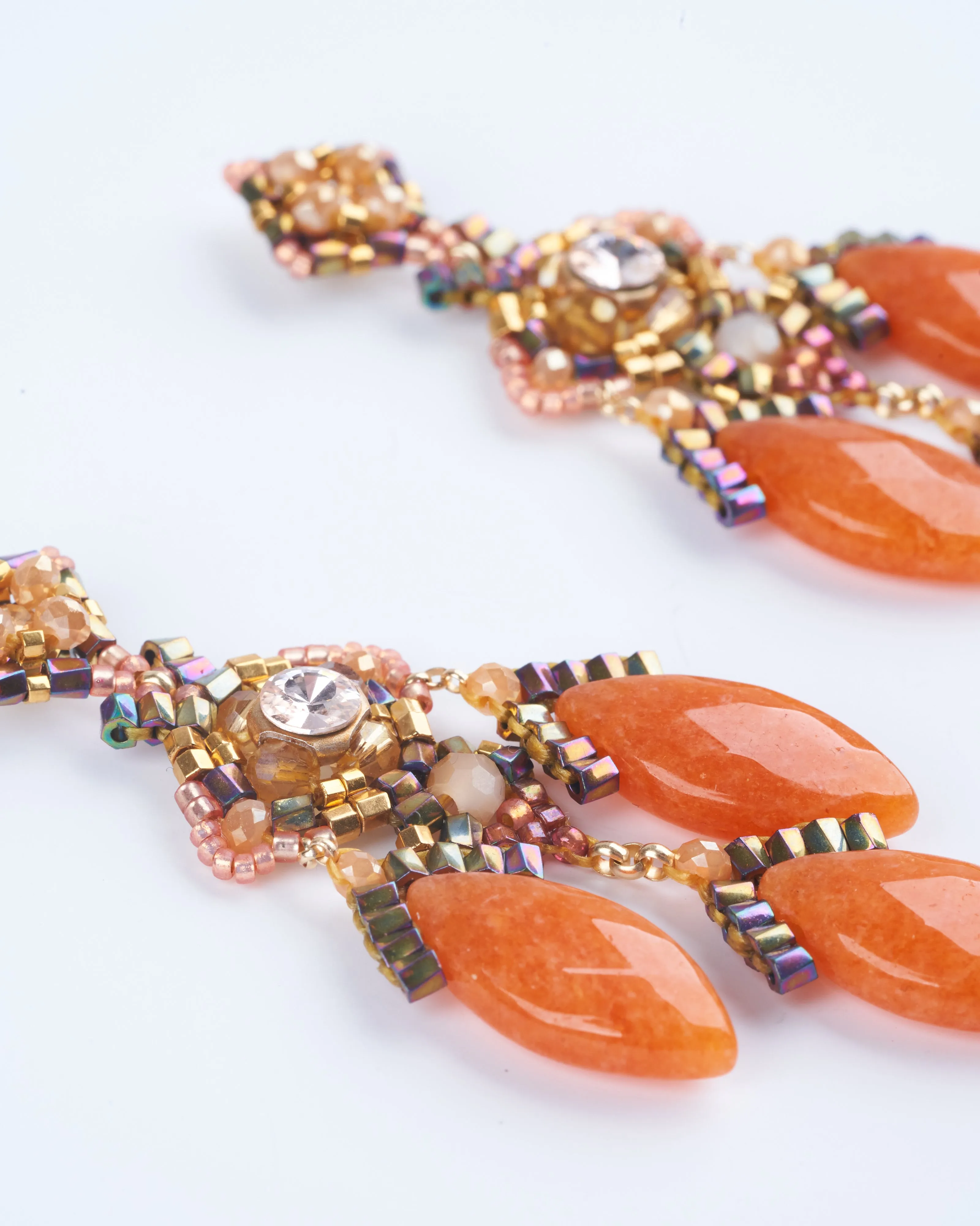 red aventurine, swarovski, miyuki chandelier earrings - orange/ gold