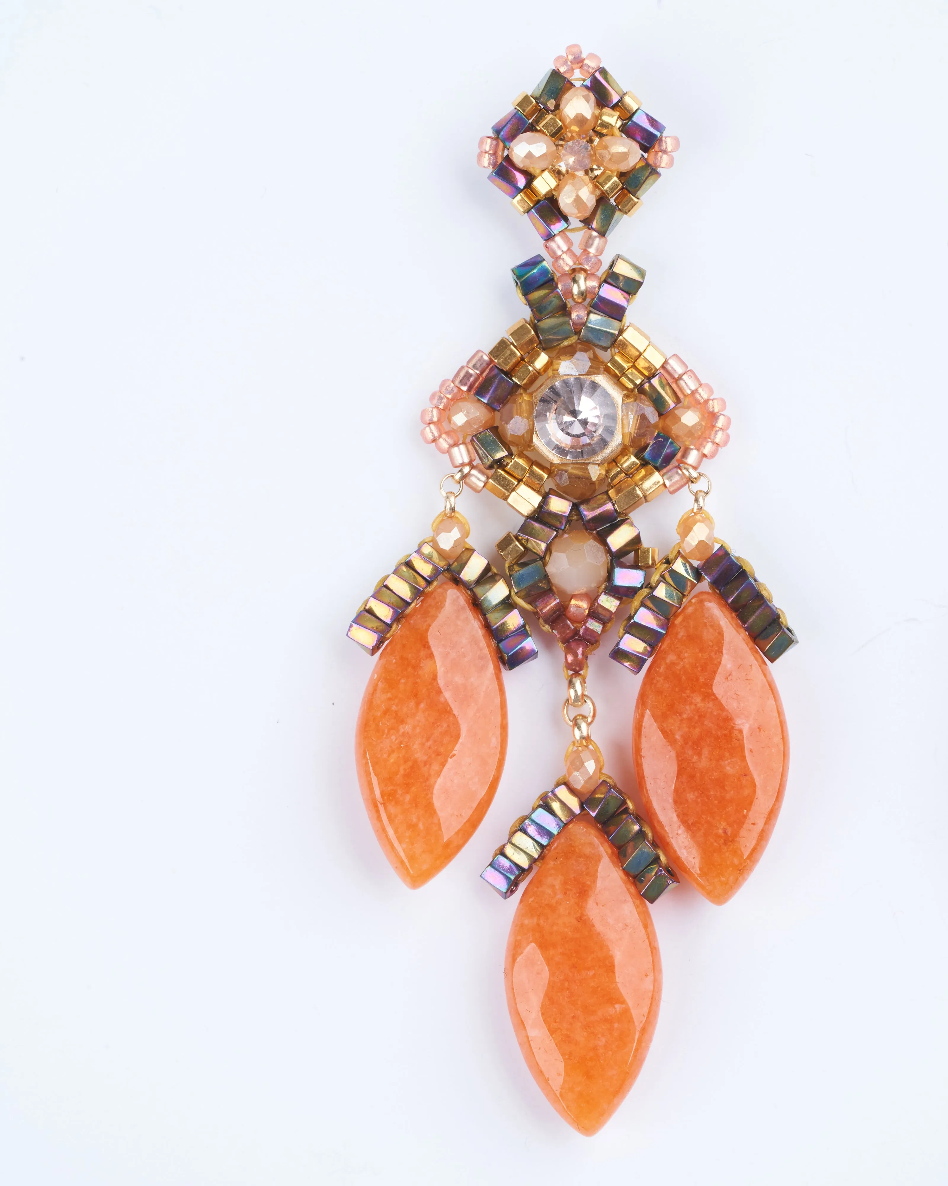 red aventurine, swarovski, miyuki chandelier earrings - orange/ gold