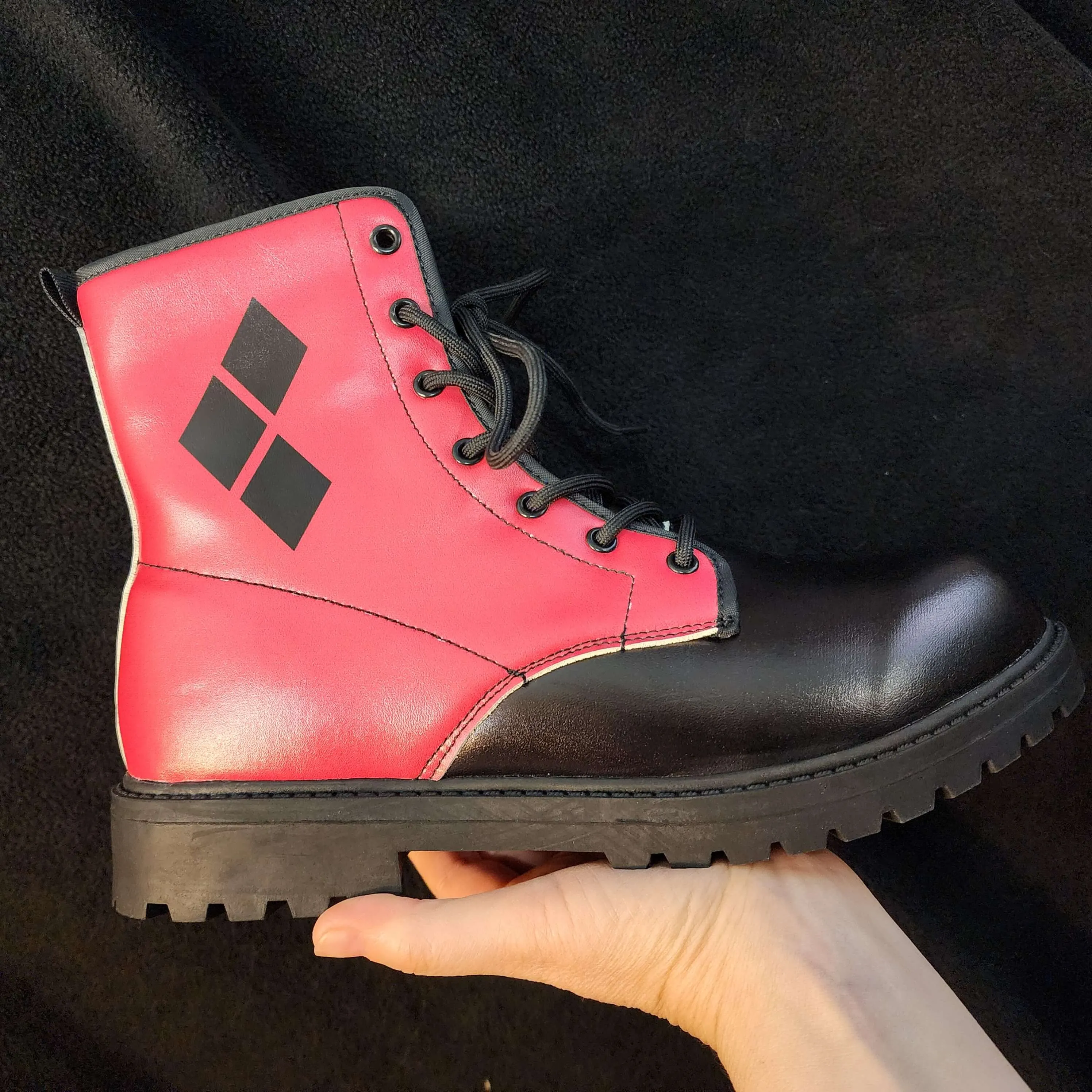Red Black Boots 3-Diamond Design Combat Style (Size EU41 / Women's 10 / Men's Size 7