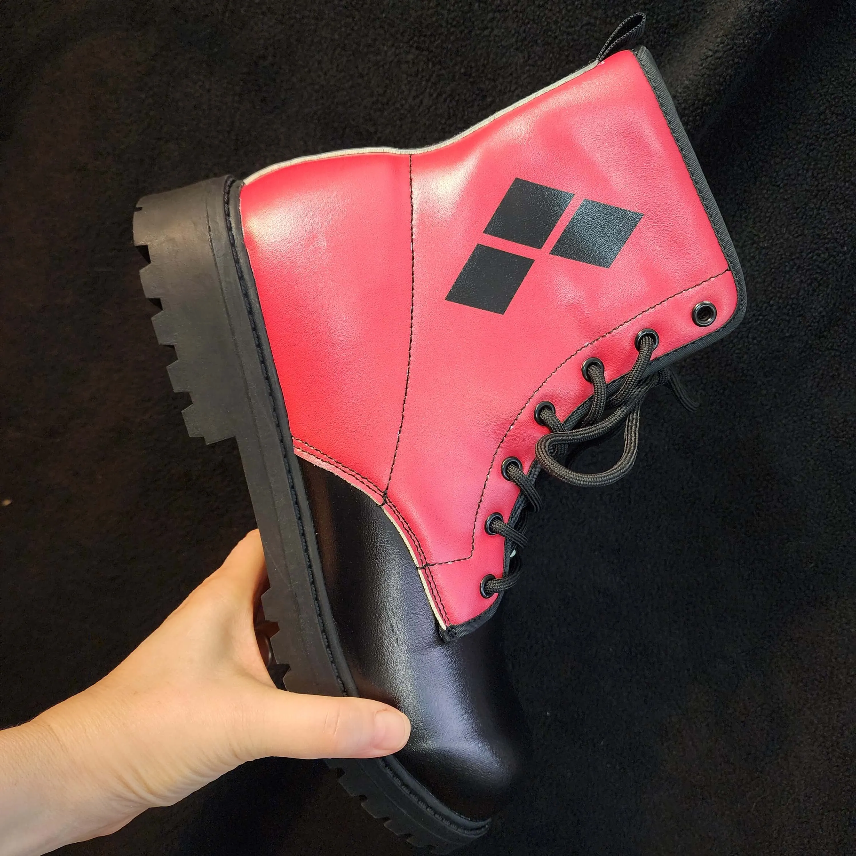 Red Black Boots 3-Diamond Design Combat Style (Size EU41 / Women's 10 / Men's Size 7