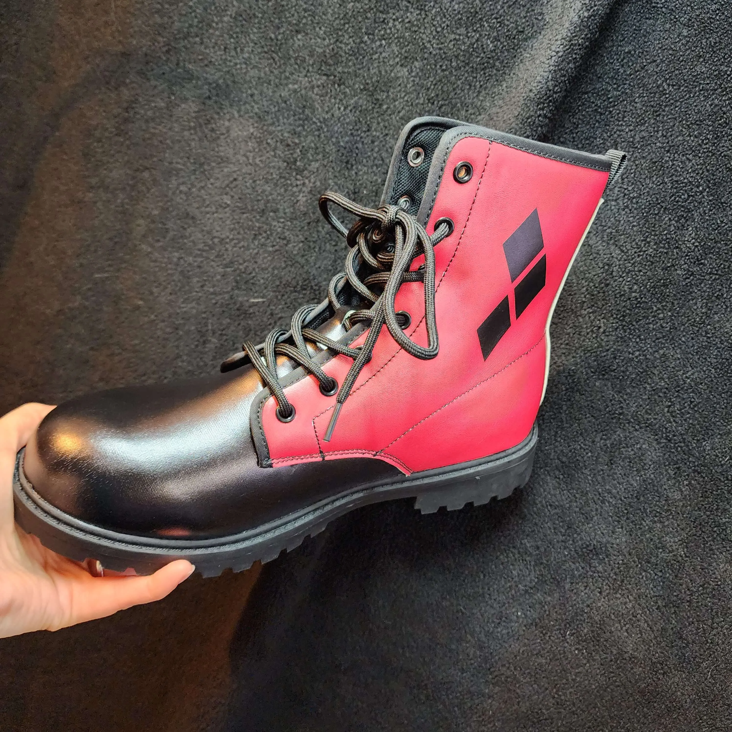Red Black Boots 3-Diamond Design Combat Style (Size EU41 / Women's 10 / Men's Size 7